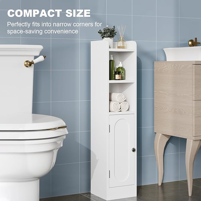 Small Bathroom Storage Cabinet, Narrow Slim Storage Cabinet with Doors and Adjustable Shelves,Freestanding Floor Corner Toilet Paper Organizer for Small Space (White)
