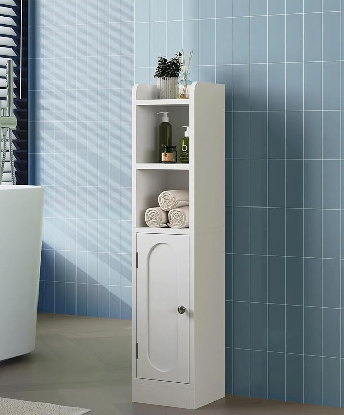 Small Bathroom Storage Cabinet, Narrow Slim Storage Cabinet with Doors and Adjustable Shelves,Freestanding Floor Corner Toilet Paper Organizer for Small Space (White)