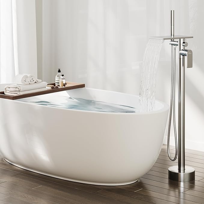Freestanding Bathtub Faucet, Floor Mount Bathtub Faucet with 2 Water Outlet Modes, Swivel Gooseneck Spout with Hand Shower,Single Handle, Max Flow Rate 7.4 GPM (Waterfall 2-Brushed Nickel)