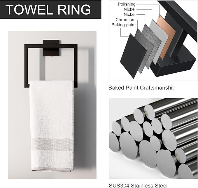 5-Piece Bathroom Accessories Set, SUS304 Stainless Steel Wall Mounted 16 Inch Hand Towel Bar, Toilet Paper Holder, Towel Ring, Towel Hooks, Bathroom Hardware Set, Towel Bar Set (Matte Black)