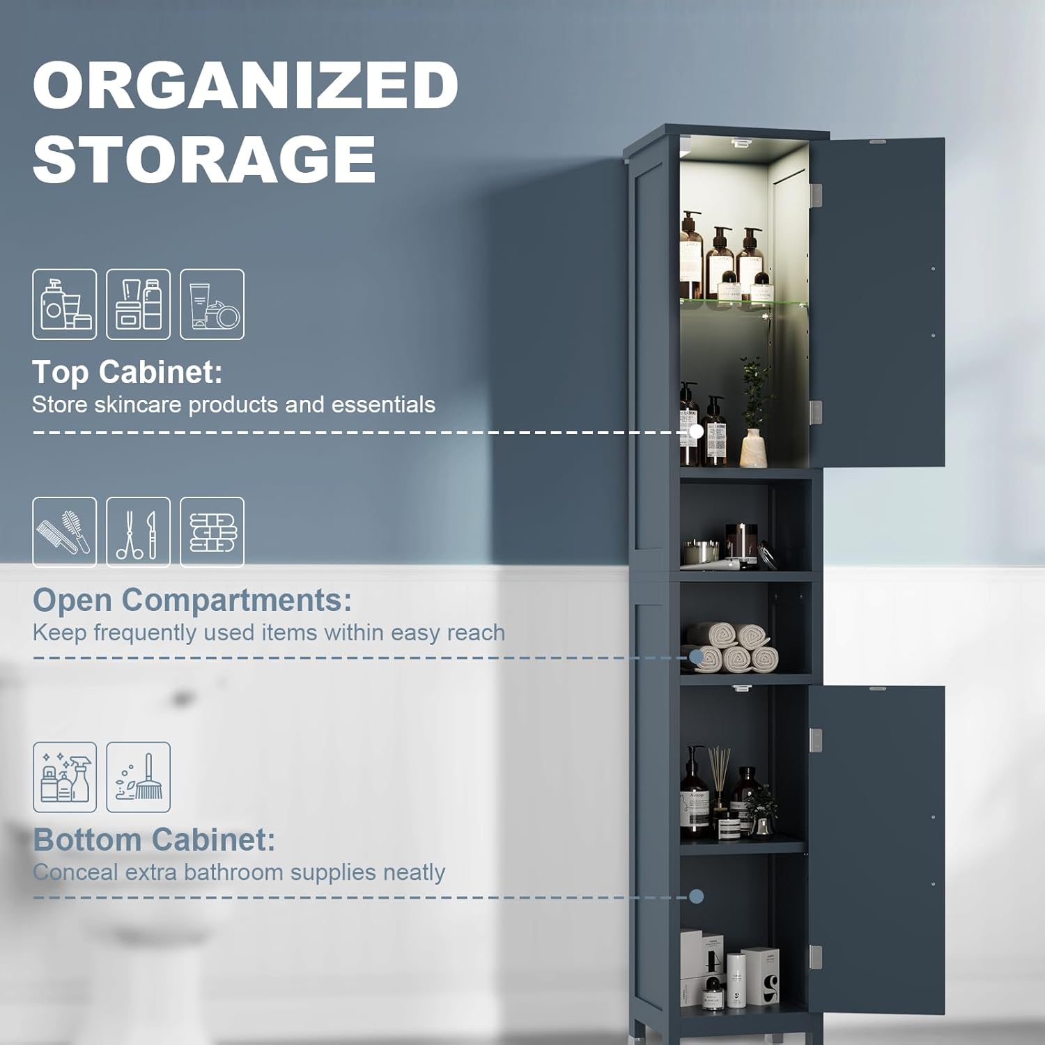67" Tall Bathroom Storage Cabinet with Lights, Slim Narrow Bathroom Cabinet Organizer with Doors and Adjustable Shelves, Tall Cabinet for Small Space, Living Room (Blue)