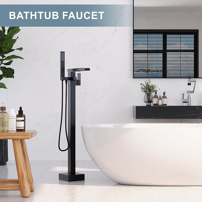 Freestanding Bathtub Faucet, Floor Mount Bathtub Faucet with 2 Water Outlet Modes, Swivel Gooseneck Spout with Hand Shower,Single Handle, Max Flow Rate 7.4 GPM (Waterfall-Black)