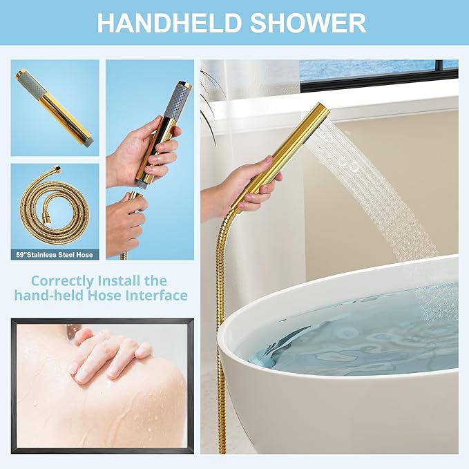 Freestanding Bathtub Faucet, Floor Mount Bathtub Faucet with 2 Water Outlet Modes, Swivel Gooseneck Spout with Hand Shower, Brass Single Handle Tub filler, Max Flow Rate 7.4 GPM (Gooseneck-Bright Gold)