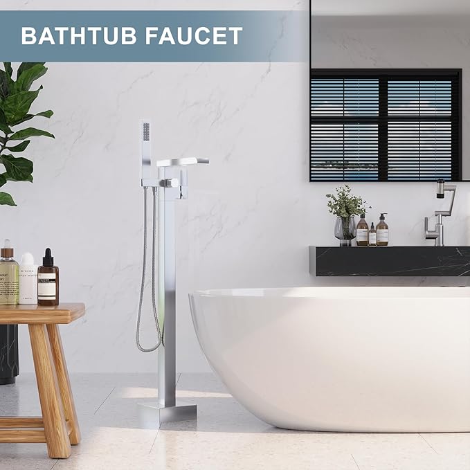 Freestanding Bathtub Faucet, Floor Mount Bathtub Faucet with 2 Water Outlet Modes, Swivel Gooseneck Spout with Hand Shower,Single Handle, Max Flow Rate 7.4 GPM (Waterfall-Brushed Nickel)