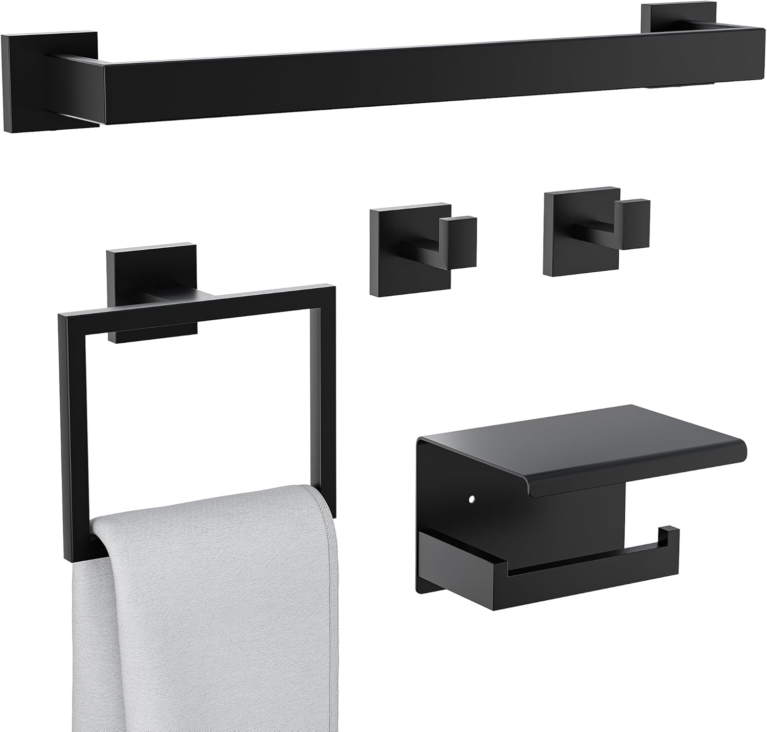 5-Pieces Bathroom Hardware Set, SUS304 Stainless Steel Wall Mounted 23.6 Inch Towel Bar, Toilet Paper Holder, Towel Hooks, Bathroom Towel Bar Set (Matte Black (Type 2), 5 Piece-23.6 inch)