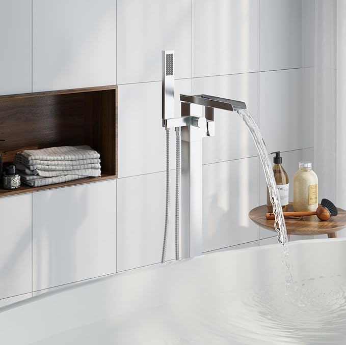 Freestanding Bathtub Faucet, Floor Mount Bathtub Faucet with 2 Water Outlet Modes, Swivel Gooseneck Spout with Hand Shower,Single Handle, Max Flow Rate 7.4 GPM (Waterfall-Brushed Nickel)