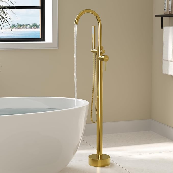 Freestanding Bathtub Faucet, Floor Mount Bathtub Faucet with 2 Water Outlet Modes, Swivel Gooseneck Spout with Hand Shower, Brass Single Handle Tub filler, Max Flow Rate 7.4 GPM (Gooseneck-Bright Gold)