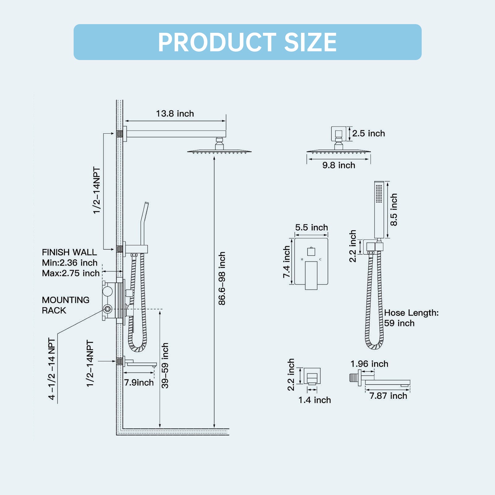 High-Pressure Concealed Shower System with 10” Rainfall Shower, Tub Spout, and Handheld Spray Combo