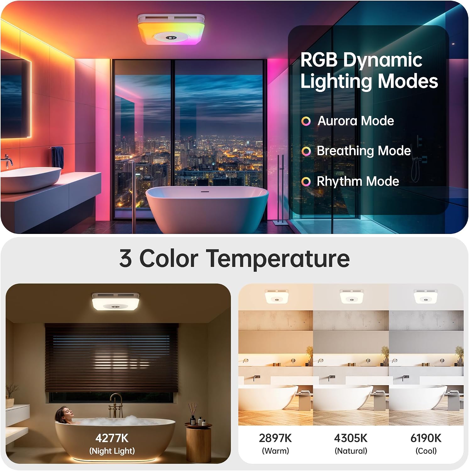 Hawkrown Bathroom Exhaust Fan with Bluetooth Speaker, 160 CFM 1.0 Sone Bathroom Exhaust Fan with Light, 3 Dynamic Light, 7 LED Color, 3 Color Temperatures, Nightlight,Remote, Easy Install