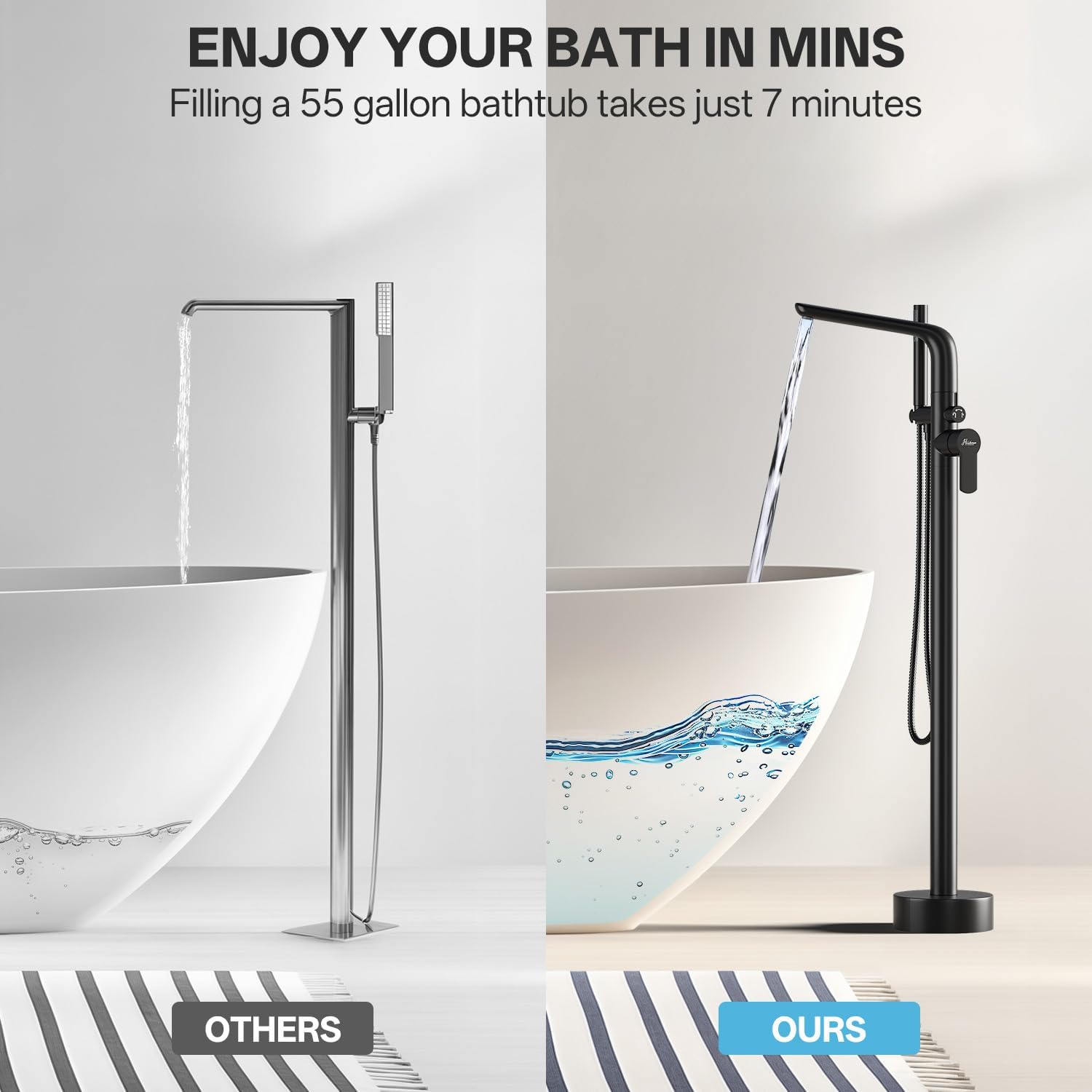 Freestanding Bathtub Faucet, Floor Mount Bathtub Faucet with 2 Water Outlet Modes, Swivel Gooseneck Spout with Hand Shower,Single Handle, Max Flow Rate 7.4 GPM (Type1-Black)