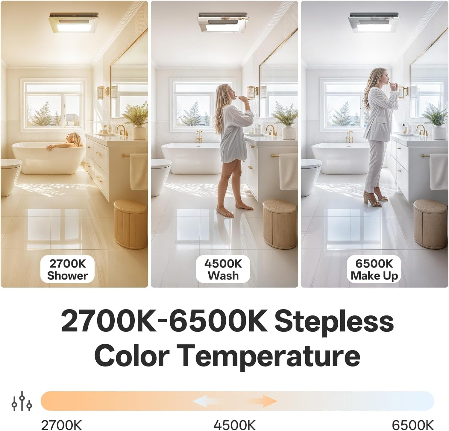 4-in-1 Bathroom Exhaust Fan with Light and Heater, Mirror Black Exhaust Fan, 3CCT Lighting, Strong and Weak Heating, Quiet & Powerful for Ventilation, Remote Control