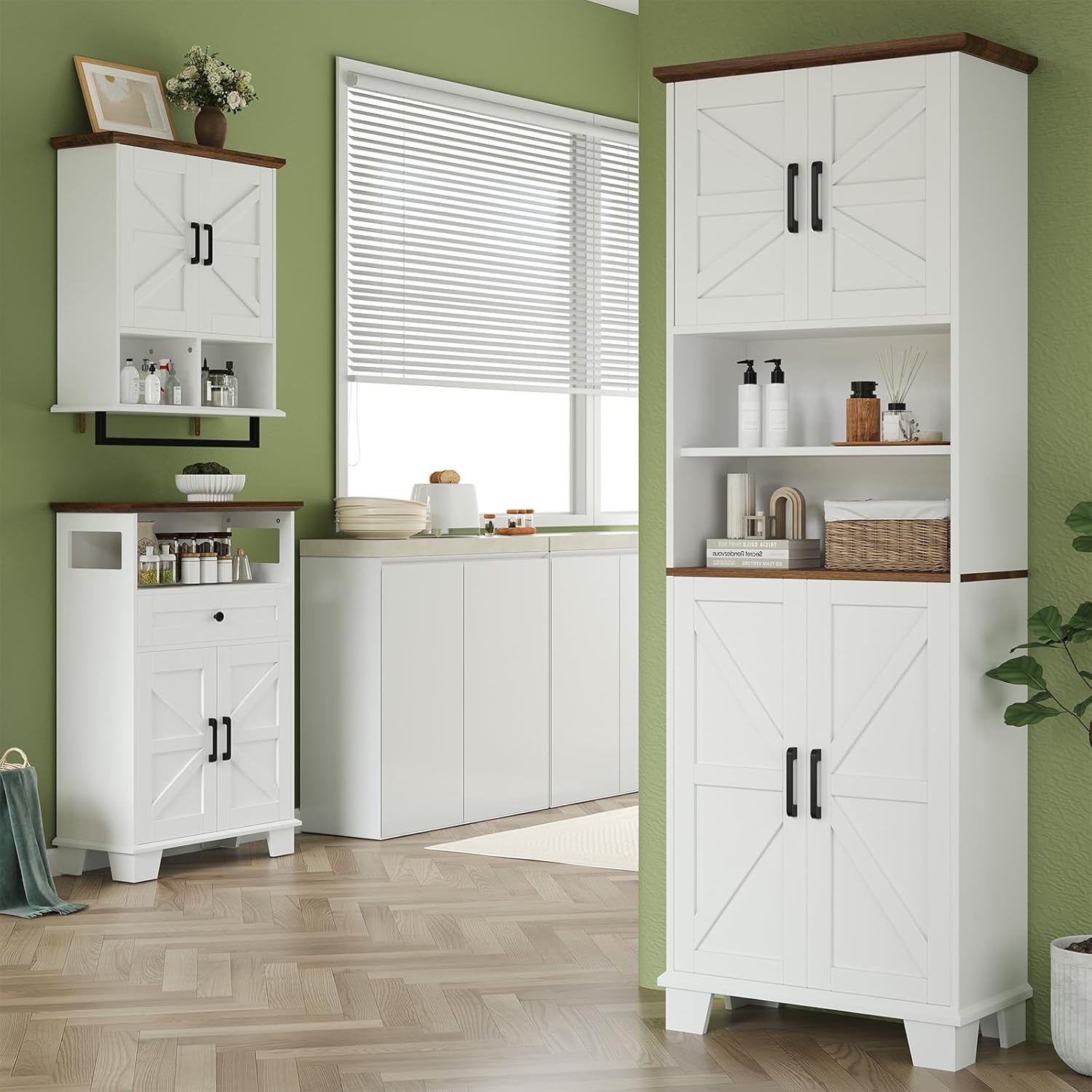 Hawkrown Farmhouse Bathroom Storage Cabinet with Drawer & Adjustable Shelves, White 23.6" Wide Freestanding Floor Cabinet, Barn Door, Sturdy Wood, for Kitchen, Entryway (23.6 * 11.8 * 39.3" (Floor))