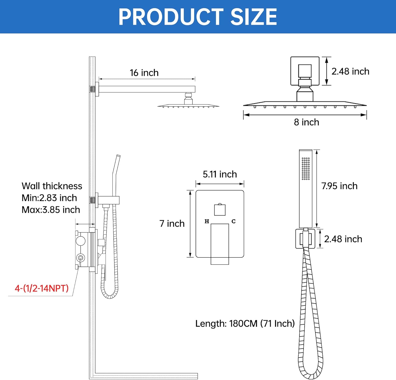 8 Inch Luxury Rain Shower Faucet Set, Matte Black Shower System with Rainfall Shower Head and Handheld Spray, SUS304 Stainless Steel and Solid Brass Wall Mounted Shower Valve Trim Kit