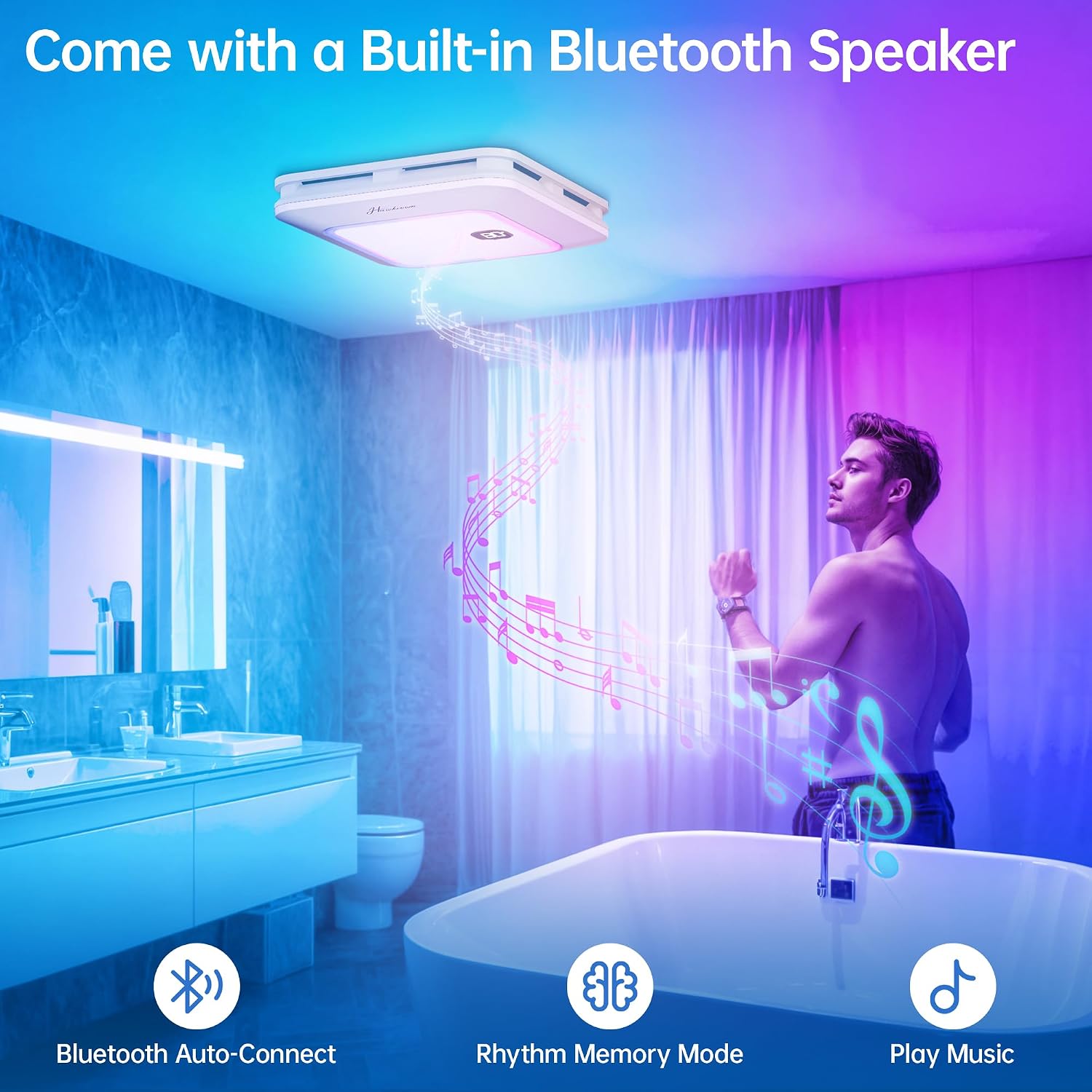 Hawkrown Bathroom Exhaust Fan with Bluetooth Speaker, 100 CFM 1.0 Sone Bathroom Exhaust Fan with Light, Dynamic Light, 7 LED Color, 3CCT Dimmable, Nightlight,Remote, Easy Install (White)