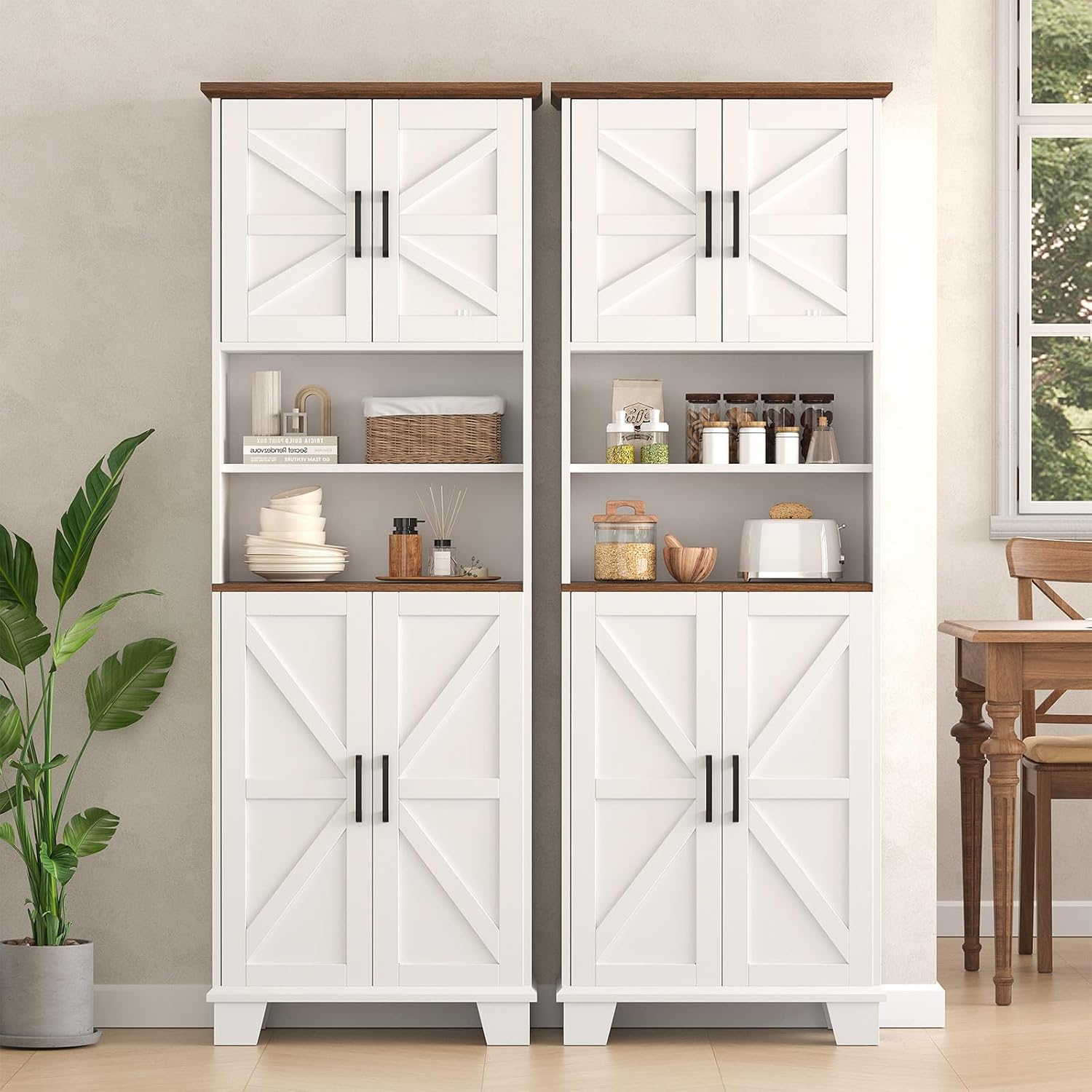 Hawkrown Farmhouse Bathroom Storage Cabinet, 67.9" Tall Freestanding Cabinet with 7 Adjustable Shelves & Barn Doors, Multipurpose Pantry Cupboard for Kitchen, Bathroom, Living Room, Dining Room