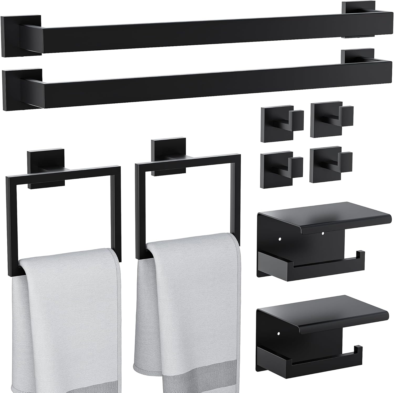 10-Pieces Bathroom Hardware Set, SUS304 Stainless Steel Wall Mounted 23.6 Inch Towel Bar, Toilet Paper Holder, Towel Hooks, Bathroom Towel Bar Set (Matte Black (Type 2), 10 Piece-23.6 inch)