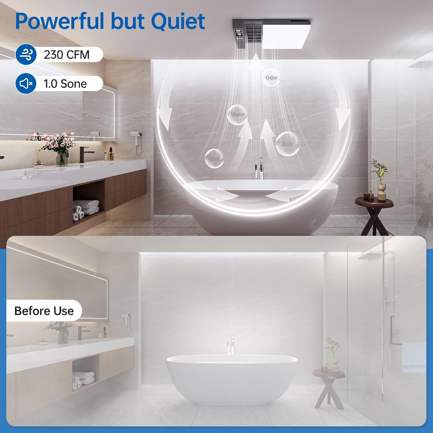 Sliding Exhaust Fan with Bluetooth Speaker, 230 CFM, Humidity & Odor Sensor, 3-Color Temp & RGB Lights, App/Voice/Remote Control, Easy-Clean Dust Filter (Grey)