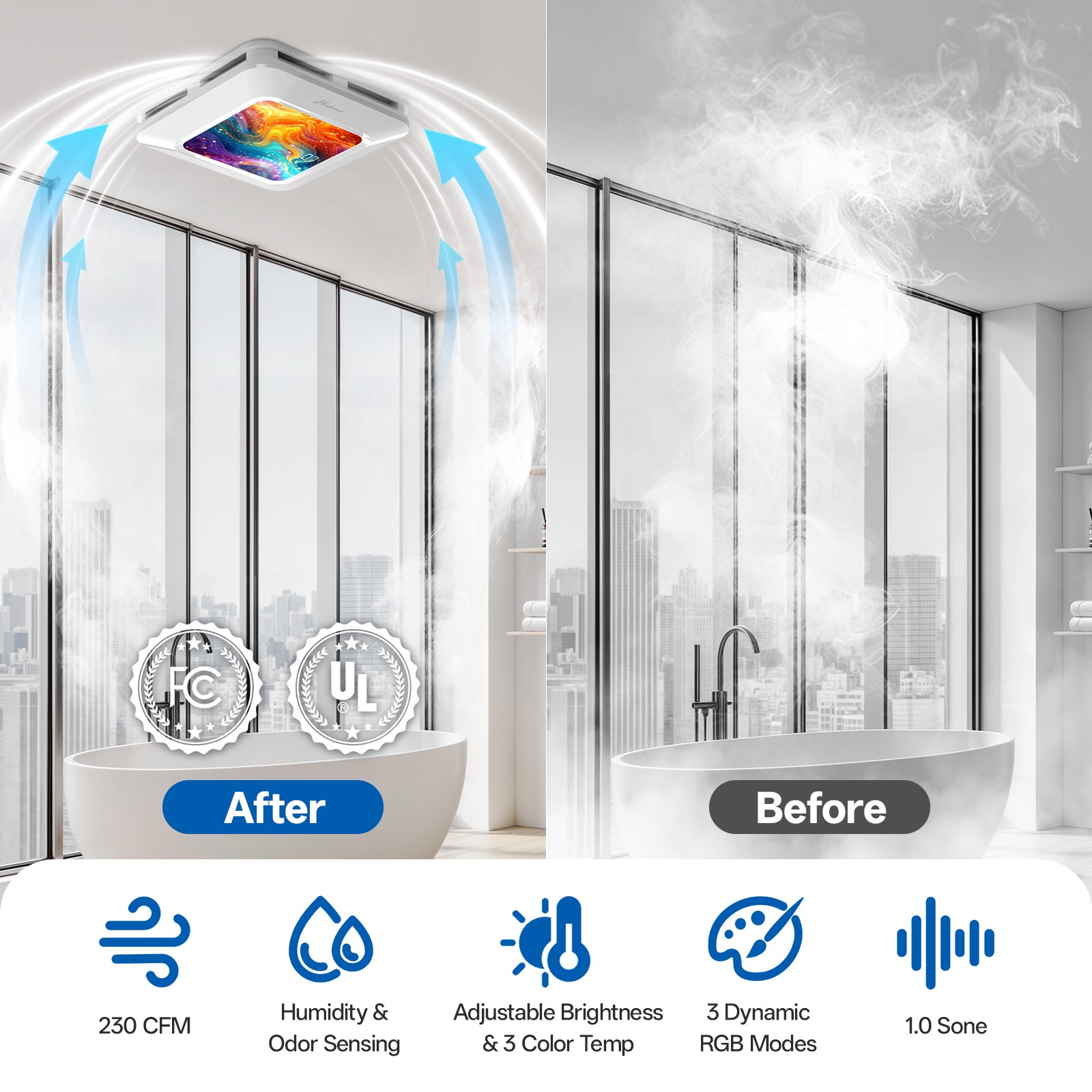 Bathroom Exhaust Fan with Light Humidity Sensor, Bathroom Fan with Humidity Sensor, 230 CFM 1.0 Sone Exhaust Fan, Venlitation Fan with 3CCT LED Light 7 LED Color, Remote Control Easy Install (Aurora Iridescence)