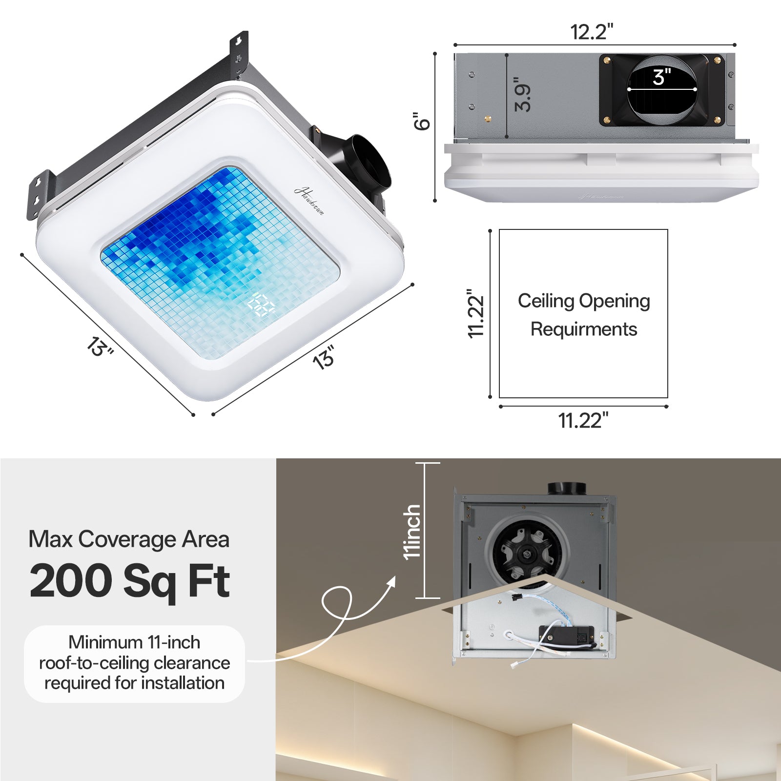 Bathroom Exhaust Fan with Light Humidity Sensor, Bathroom Fan with Humidity Sensor, 230 CFM 1.0 Sone, 3CCT LED Light 7 LED Color, Remote Control Easy Install (Azure Mosaic)
